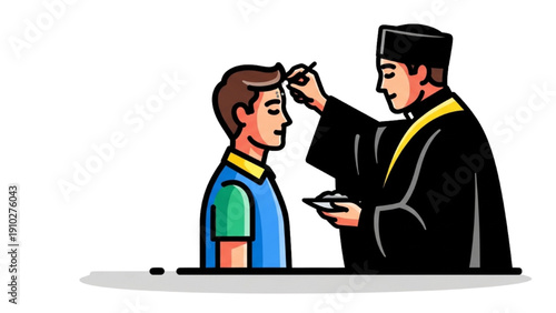 High-quality black outline colorful art of a person standing in line receiving ashes, Ash Wednesday Christian Lent illustration