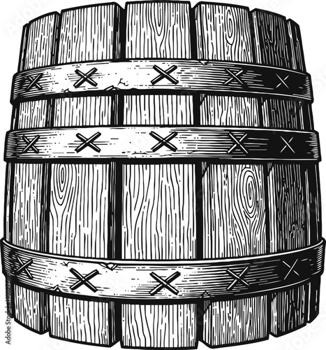 Vintage wooden barrel with metal bands, hand drawn rustic wood texture container