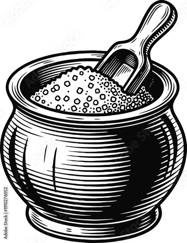 vintage wooden bowl filled with coarse salt and small scoop, hand drawn black and white illustration