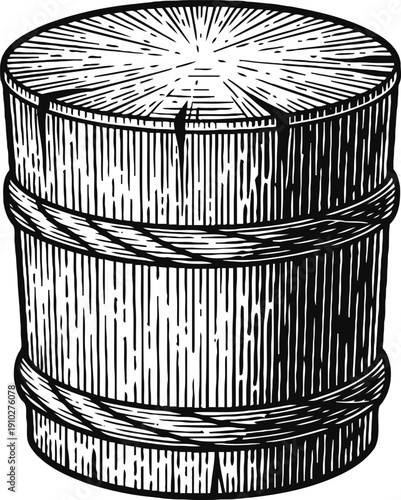 Wooden barrel with metal bands vintage engraving round old timber container with grain texture illustration
