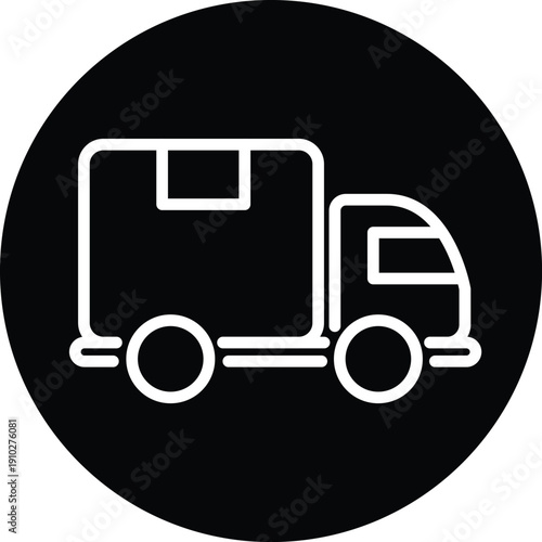 Delivery Truck icon white line art on black circle background vector