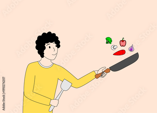 chef is cooking food in a pan