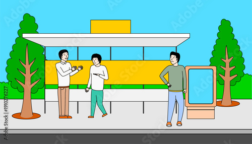 Three men are standing on a sidewalk near a bus stop