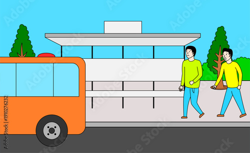 Two men are walking down the sidewalk near a bus stop