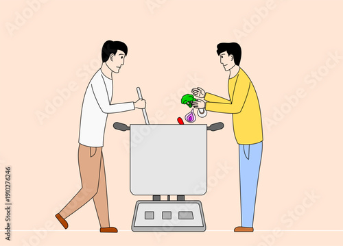 Two men are cooking in a big pot
