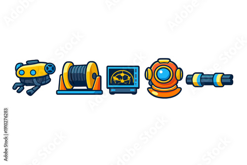 Set of Cartoonish Underwater Equipment Icons