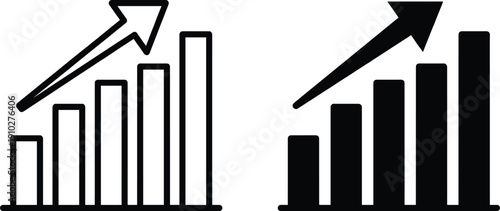 WebBusiness growth bar chart icon set with upward arrow vector illustration isolated on white background for financial success, profit increase and economic progress concepts.