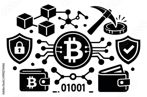 Modern icon cryptocurrency set featuring bitcoin, blockchain, mining, security, and digital wallets for financial technology