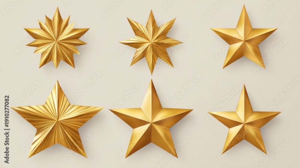 Obraz premium Set of six gold stars with different shapes. The stars are all gold and are arranged in a row