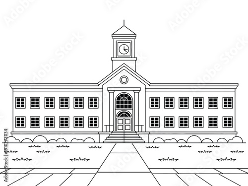 A large school building with a clock tower and a front entrance