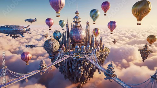 Wallpaper Mural Floating City With Hot Air Balloons and Airships in a Cloudy Sky Torontodigital.ca