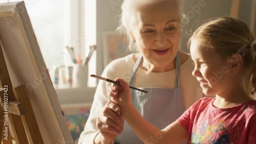 A loving grandmother teaches her young granddaughter how to paint, sharing a joyful, creative moment. This footage is perfect for content on family bonding, art education, and creativity.