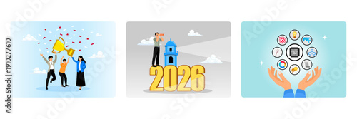 Business team celebrated success, strategies business in 2026, developing skills and expertise.