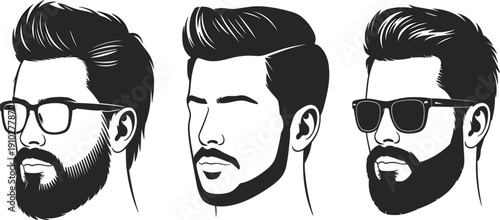 Bearded man wearing glasses silhouette, male face with sunglasses icon, barber shop grooming vector fashion illustration