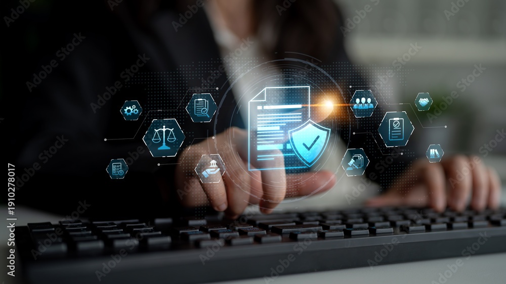 Fototapeta premium Compliance ensures alignment with standards, laws, and policies. A strong compliance system helps enforce regulation, protect organizations, and improve global compliance transparency. Spline