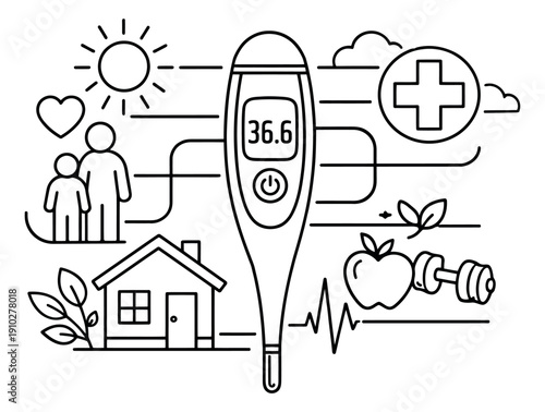 Outline line art health and well-being set featuring a digital thermometer, family, home, nature, fitness, and medical care symbols for a holistic lifestyle concept