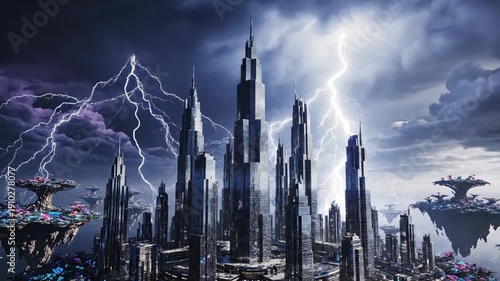 Wallpaper Mural Futuristic Cityscape Under Dramatic Lightning Storm Dark Clouds Torontodigital.ca