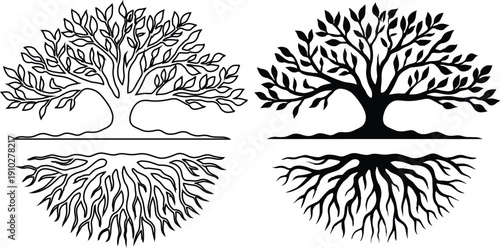 Hand drawn tree of life with roots silhouette and outline vector illustration set