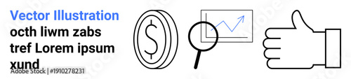 Business success, finance tracking, economic growth, data analysis, research tools, positive outcomes. Dollar sign, magnifying glass upward graph thumbs-up symbol. Finance tracking and business