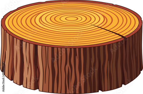 Detailed illustration of a cross-section of a thick tree stump displaying prominent annual growth rings and rugged bark.