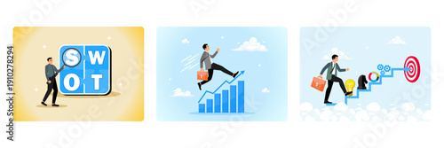 Businessman analyzing SWOT, advance careers, develop strategies and plans towards targets.