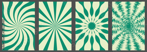 Set of four abstract geometric patterns with radial symmetry vintage sunburst and psychedelic designs in teal and cream perfect for backgrounds EPS Vector