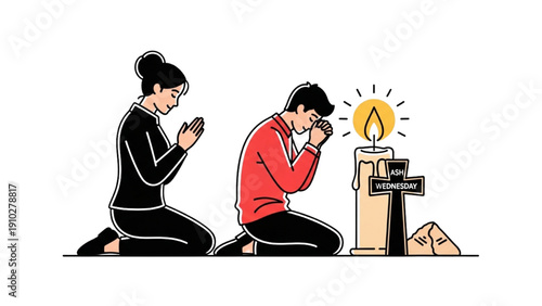 High-quality black outline colorful art of a kneeling person in prayer, gender-neutral silhouette, quiet reflection with candle and ash cross, Ash Wednesday Christian illustration