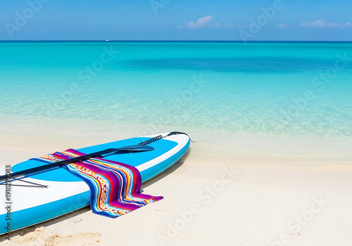 Stand-Up Paddleboard and Colorful Towel on White Sand Beach Next to Turquoise Ocean Water
