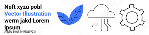 Blue leaf, cloud with circuit connections, and gear outline symbolizing eco-friendliness, cloud tech, and industry. Ideal for sustainability, innovation, connectivity, cloud tech process design eco