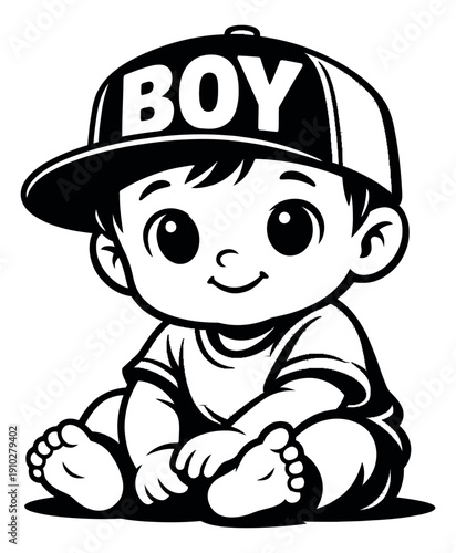 Line art illustration of a baby boy depicting him sitting, smiling, and wearing a cap with 'boy' text for baby shower invitations