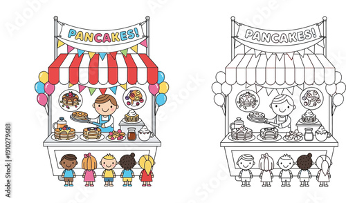 Cute pancake stand vector illustration with happy children and chef, showing colored version and black white outline for coloring book page activity.