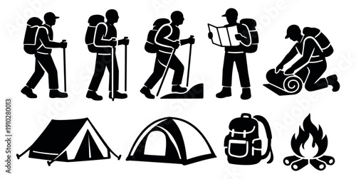 Hiking and camping icon set featuring hikers, tents, backpacks, and a campfire for outdoor adventures