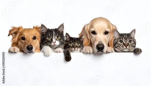 Wallpaper Mural A group of five pets, including dogs and cats, peeking over a surface with curious expressions Torontodigital.ca