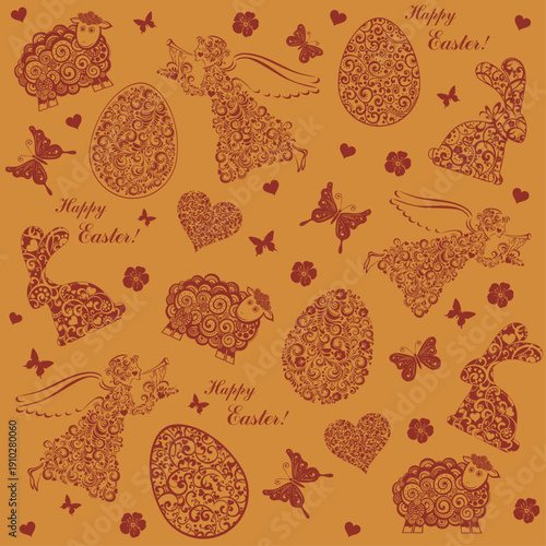 Seamless spring pattern with easter eggs, sheep, hears, flower and angels. holidays background. Good for textile fabric design, wrapping paper, website wallpapers, textile, wallpaper  Vector