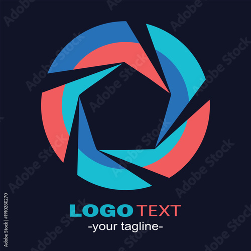 Creative camera aperture logo with circular shutter design and vibrant neon colors. Suitable for photography studios, media production companies, and digital creative brands.