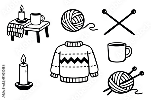 Hand drawn line art cozy winter elements set featuring a sweater, yarn balls, knitting needles, and mugs for craft and comfort