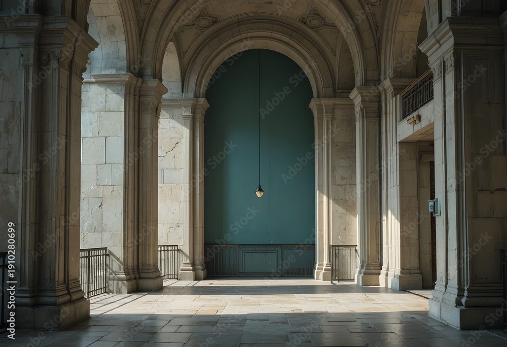 Obraz premium Majestic Arched Hallway with Columns and Soft Natural Light in Historic Building Interior