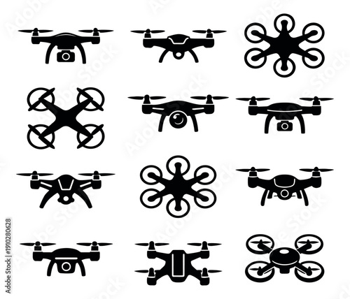 Modern icon drone set featuring various aerial photography and surveillance devices for technology and future concepts