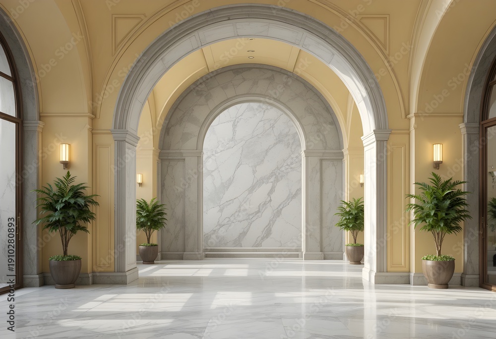 Fototapeta premium Luxurious Archway with Marble and Potted Plants in Elegant Interior
