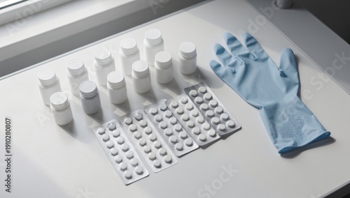 Hospital Bedside Table with Medicine Bottles. hospital tray with unbranded medicine containers, capsules. hospital bedside table with neatly arranged medicine bottles. 