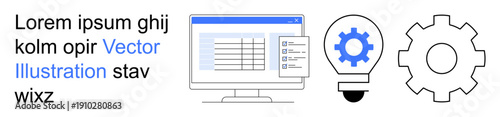 Technology, innovation, data management, automation, software development, problem-solving. Computer screen displaying data, light bulb with gear gear icon. Technology and innovation concept