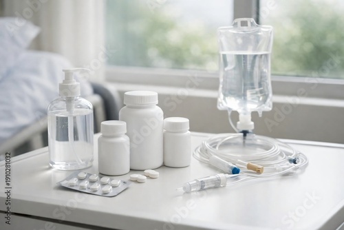 Hospital Bedside Table with Medicine Bottles. hospital tray with unbranded medicine containers, capsules. hospital bedside table with neatly arranged medicine bottles. 