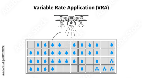 Variable Rate Application (VRA) concept vector diagram. Smart farming technology using an agricultural drone for precise and tailored resource spraying in modern precision agriculture.