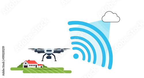Smart Home Technology Concept with Drone Connectivity. Drone sending wireless internet signal and data to a rural house via cloud network. Flat vector illustration.