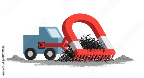 Magnetic debris collection vehicle removing scrap metal filings from the ground