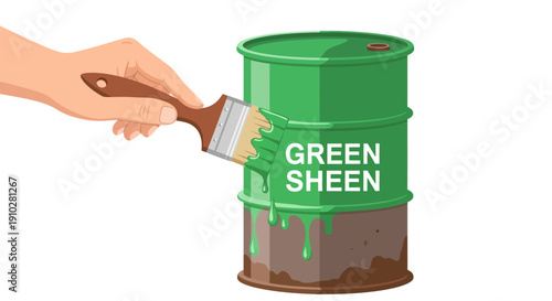 Greenwashing Concept: Hand Painting a Green Sheen Over a Dirty Industrial Barrel, Symbolizing Superficial Environmental Corporate Responsibility and Deception
