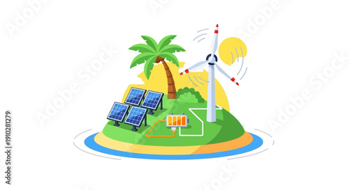 Renewable Energy Island Power System. Solar panels, wind turbine, and battery storage illustration promoting green electricity generation and sustainability.