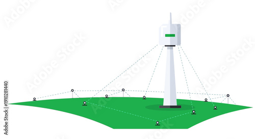 Wireless Communication Tower Transmitting Signal to Network Sensor Nodes on Green Field - Flat Vector Illustration of Global Connectivity and Telecommunication Infrastructure