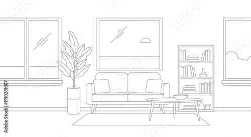 Line art drawing of a minimalist living room interior with a sofa, coffee table, plant, and bookshelf.