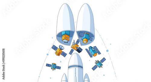Satellite Deployment in Space from Rocket Fairing. Vector Illustration of Small Satellites Being Released into Orbit by Launch Vehicle Technology.